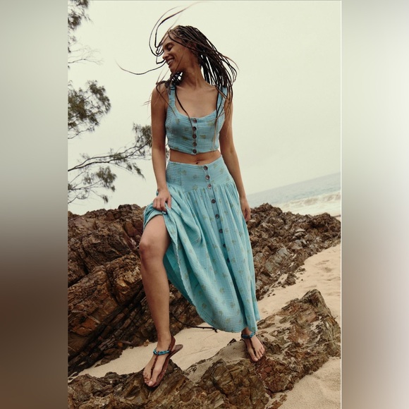 Free People Dresses & Skirts - Free People Iris Corset Teal Button-Down Skirt Set Pinky Combo Nile Blue M L XL